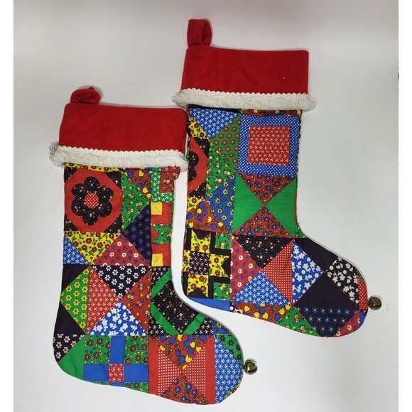 Vintage Patchwork Christmas Stocking Primitive Farmhouse Fringe Set of 2 - Picture 9 of 16